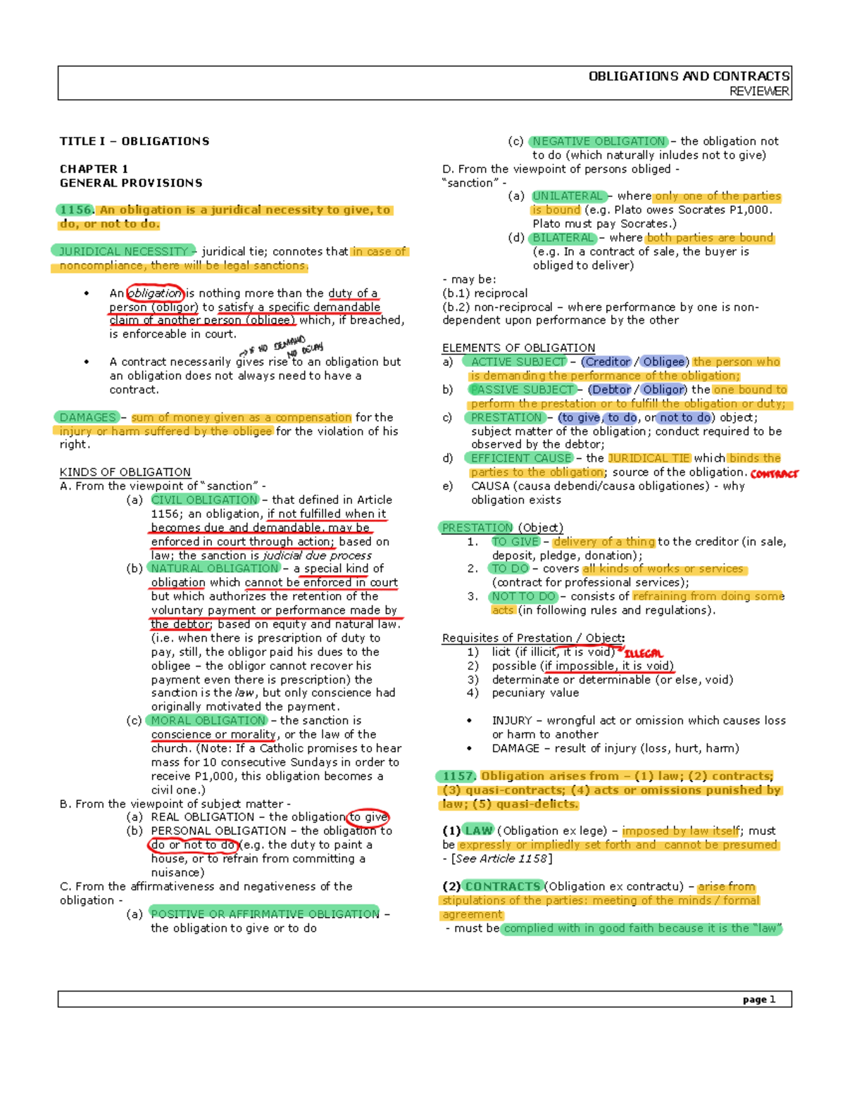 OBLIGATIONS AND CONTRACTS REVIEWER (TITLE I) - SUMMARY NOTES - Studocu