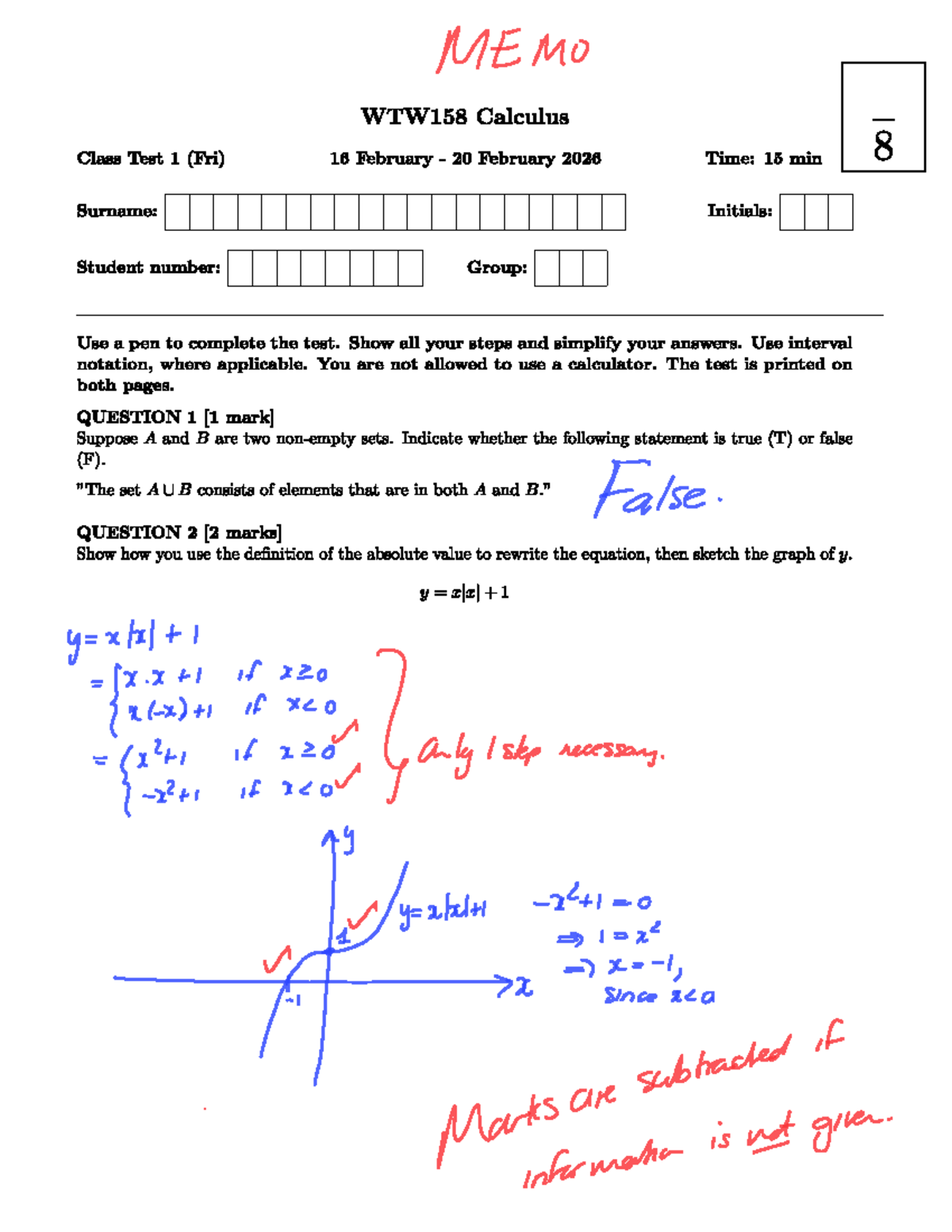 ME MO WTW158 Calculus 8 Tutorial Test 1 - February 2026 - Studocu