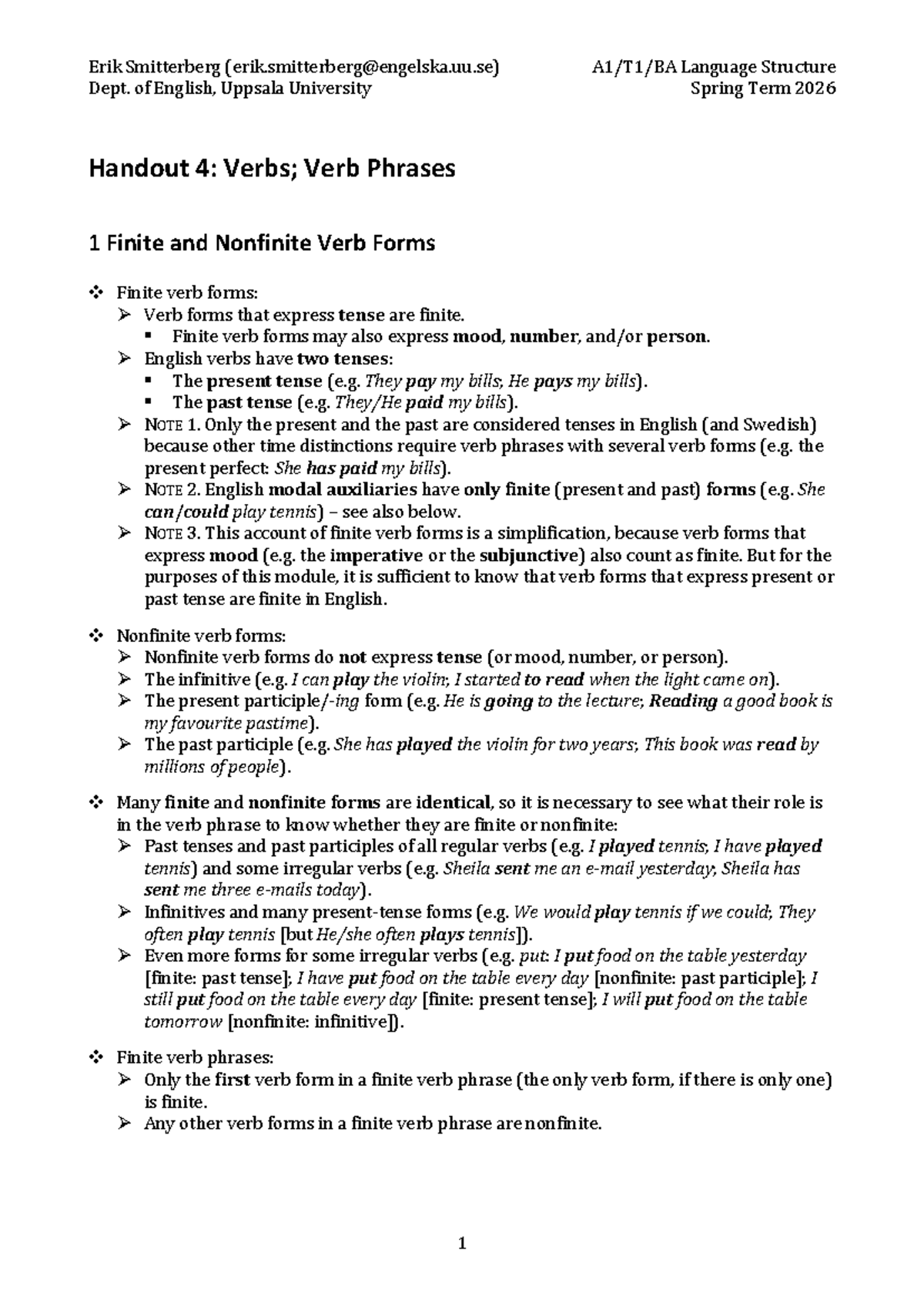 Handout 4: Verbs and Verb Phrases - A1/T1/BA Language Structure - Studocu