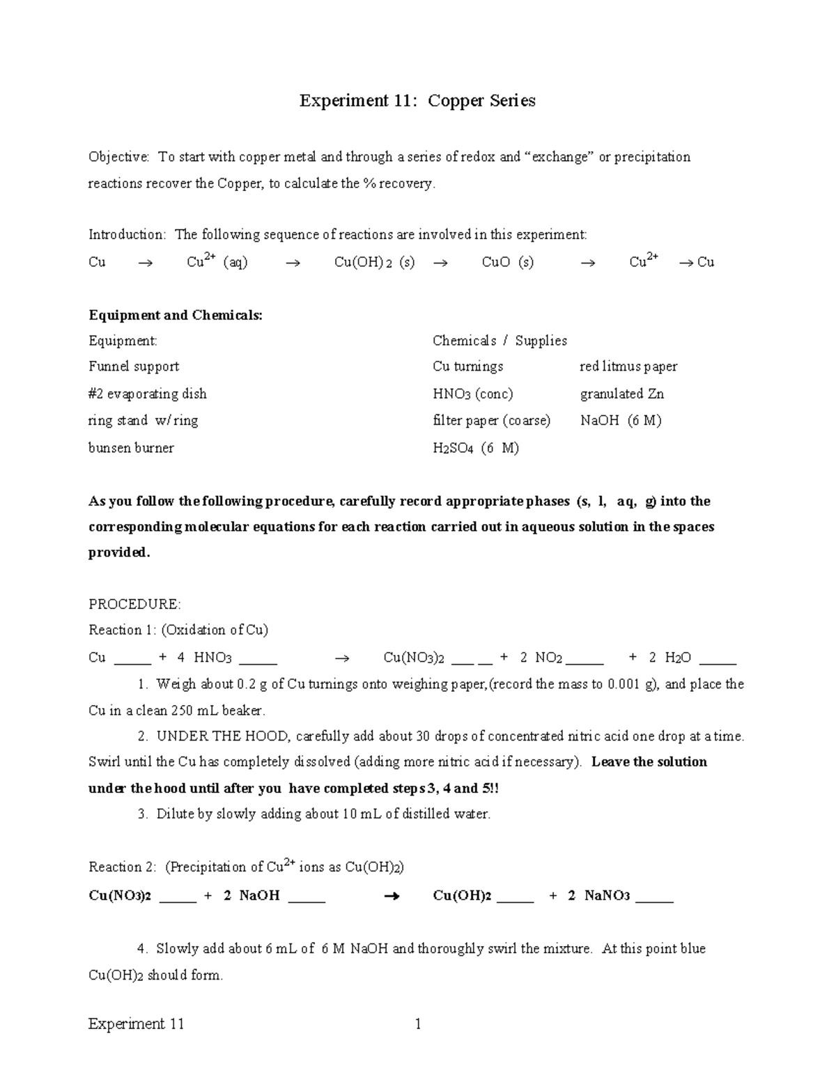 Experiment 11: Copper Series Lab Report and Recovery Analysis - Studocu