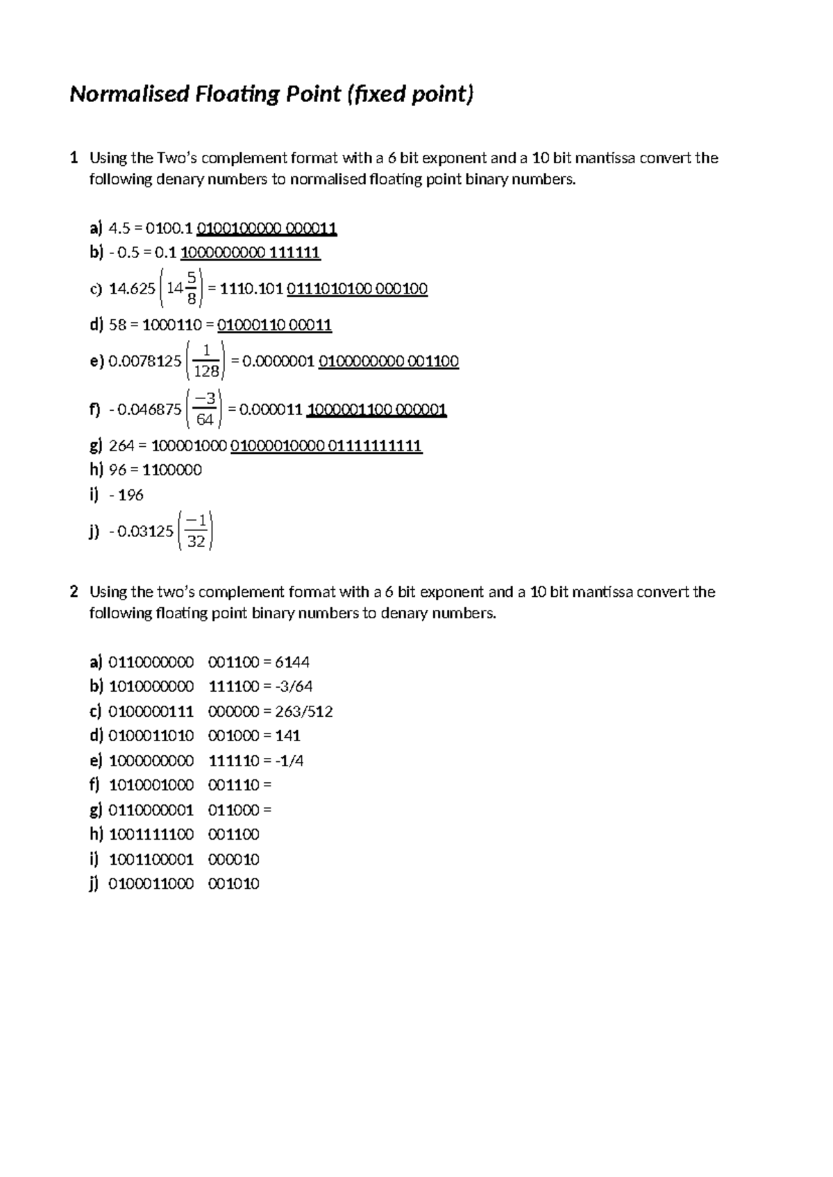 Floating Point Normalisation Worksheet: Conversions & Examples - Studocu