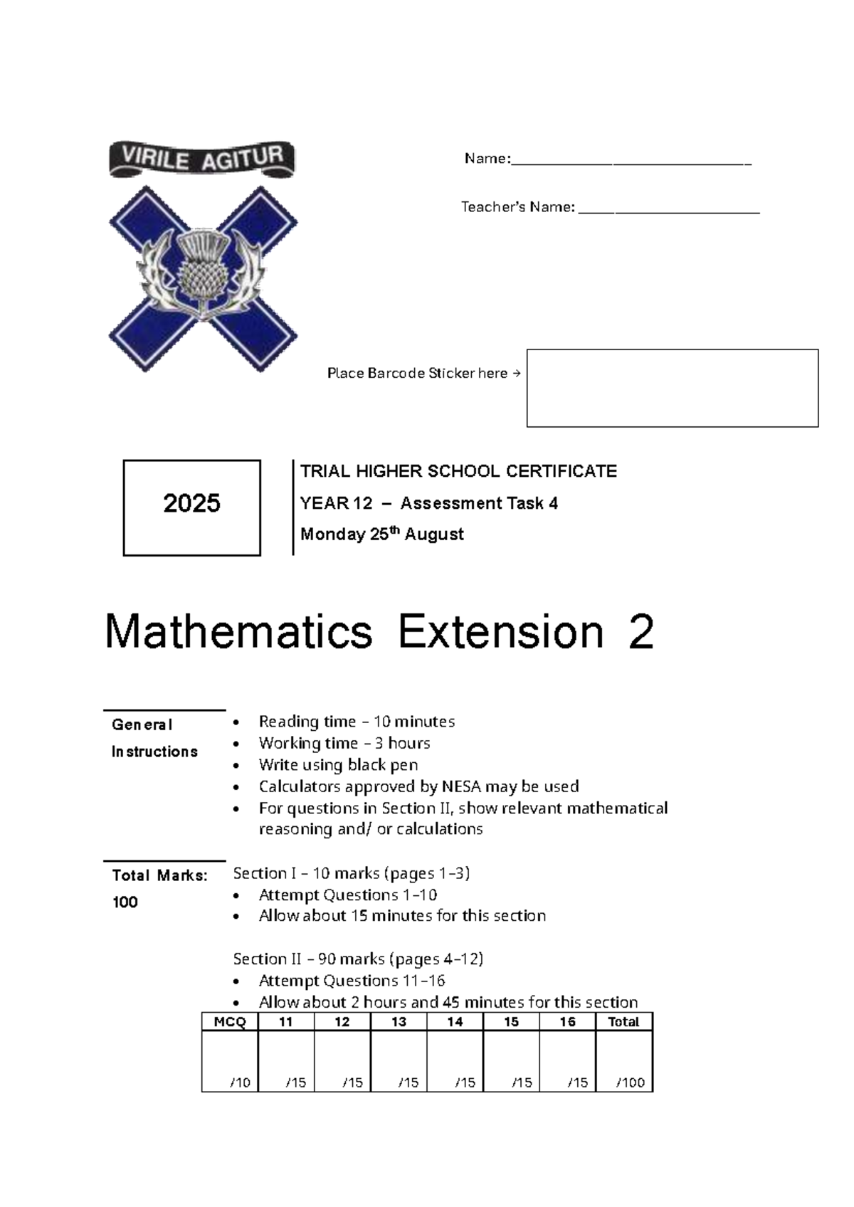 2025 Knox Grammar Mathematics Extension 2 Trial Exam Paper - Studocu