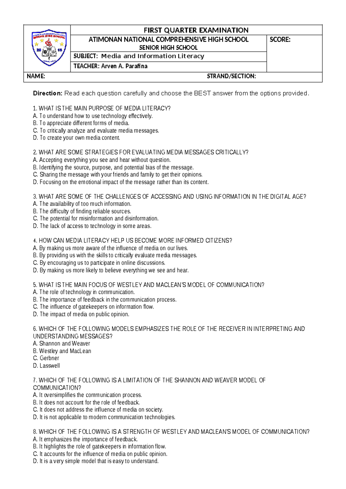 MIL - Media and Information Literacy First Quarter Exam Guide - Studocu