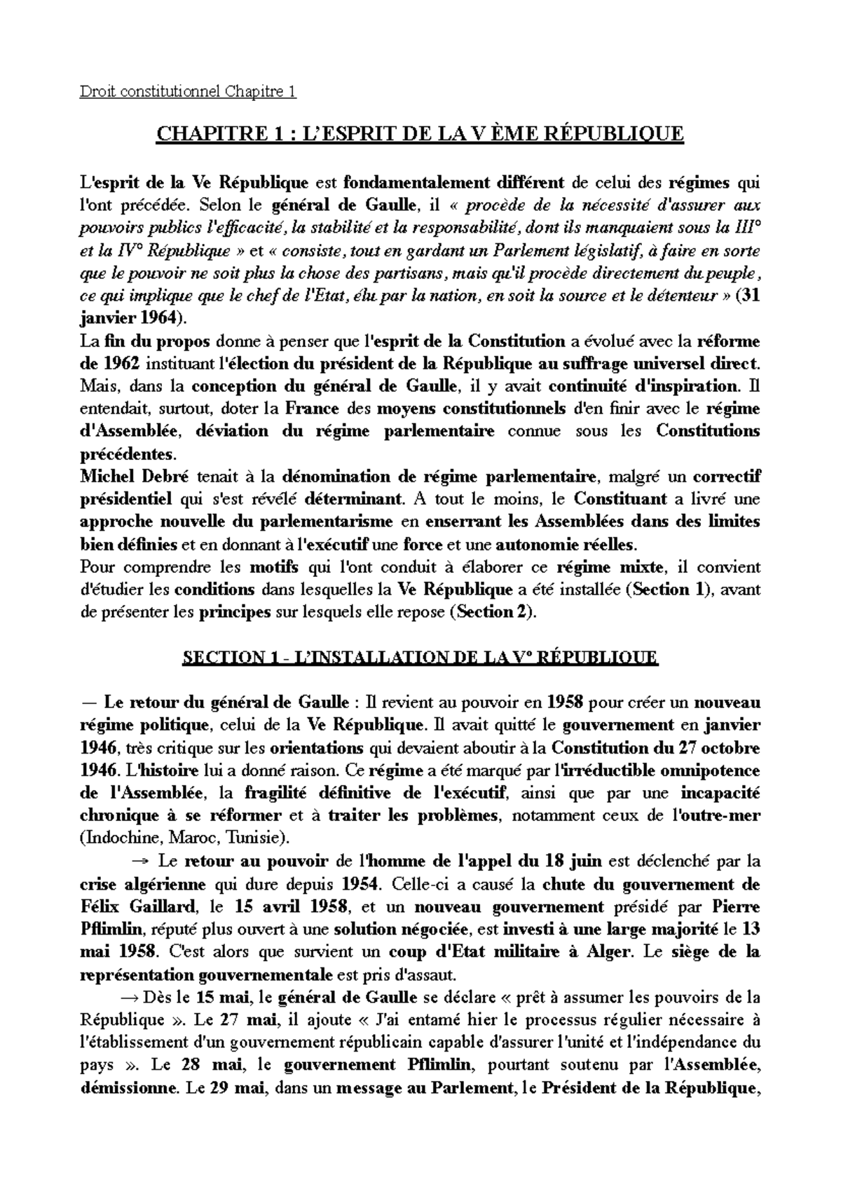 Chapitre 1 : Droit Constitutionnel de la Ve République (Semestre 2 ...