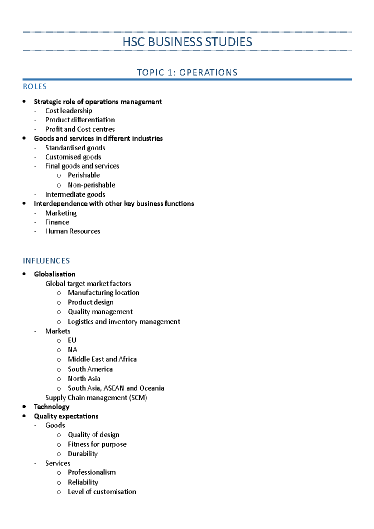 HSC Business Studies: Operations Management Revision Notes - Studocu