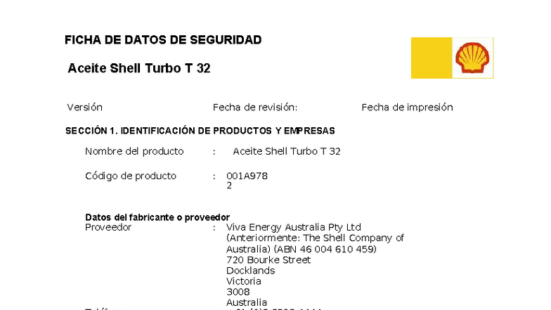 Ficha de Datos de Seguridad: Aceite Shell Turbo T 32 (Versión 2) - Studocu