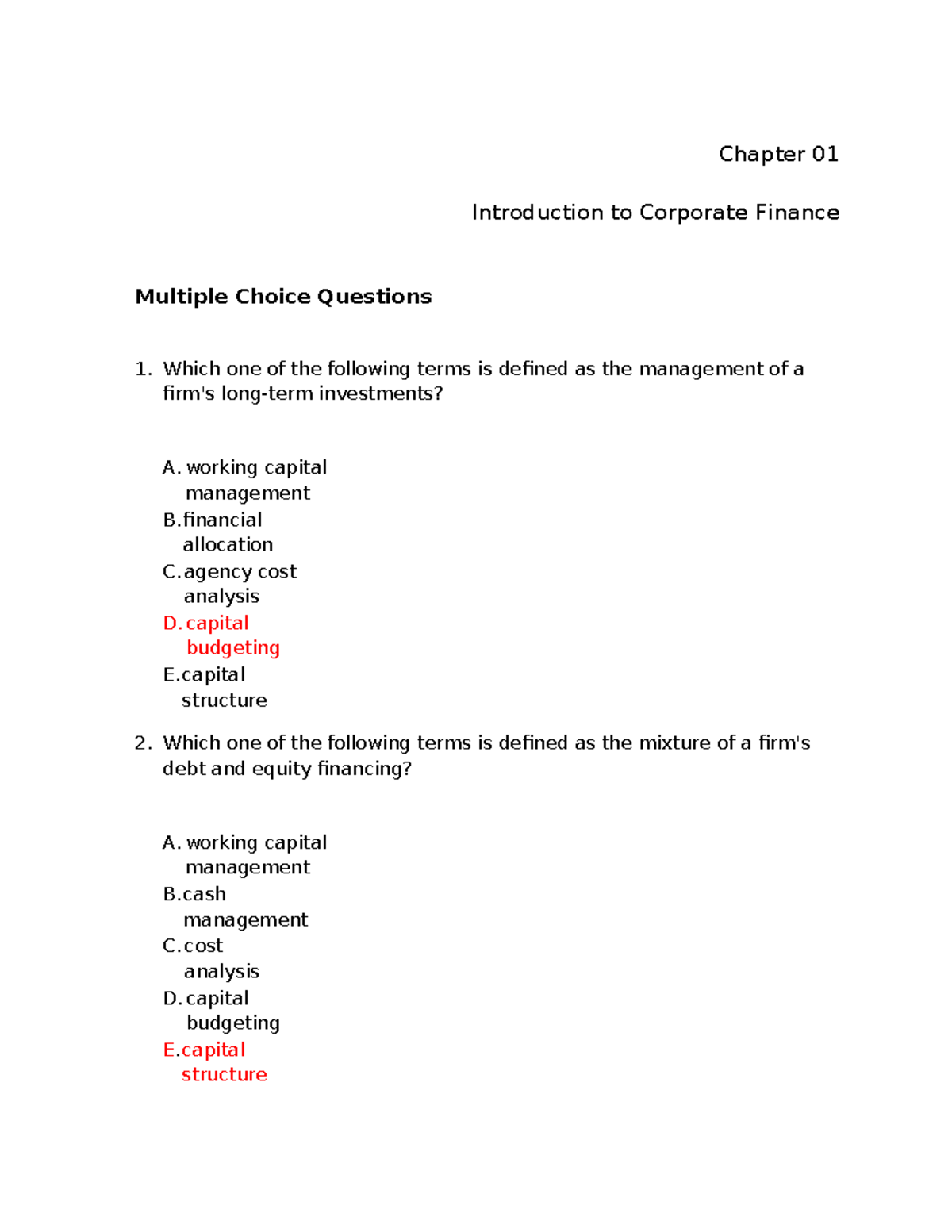 Chapter 01 MCQs on Corporate Finance Concepts and Principles - Studocu
