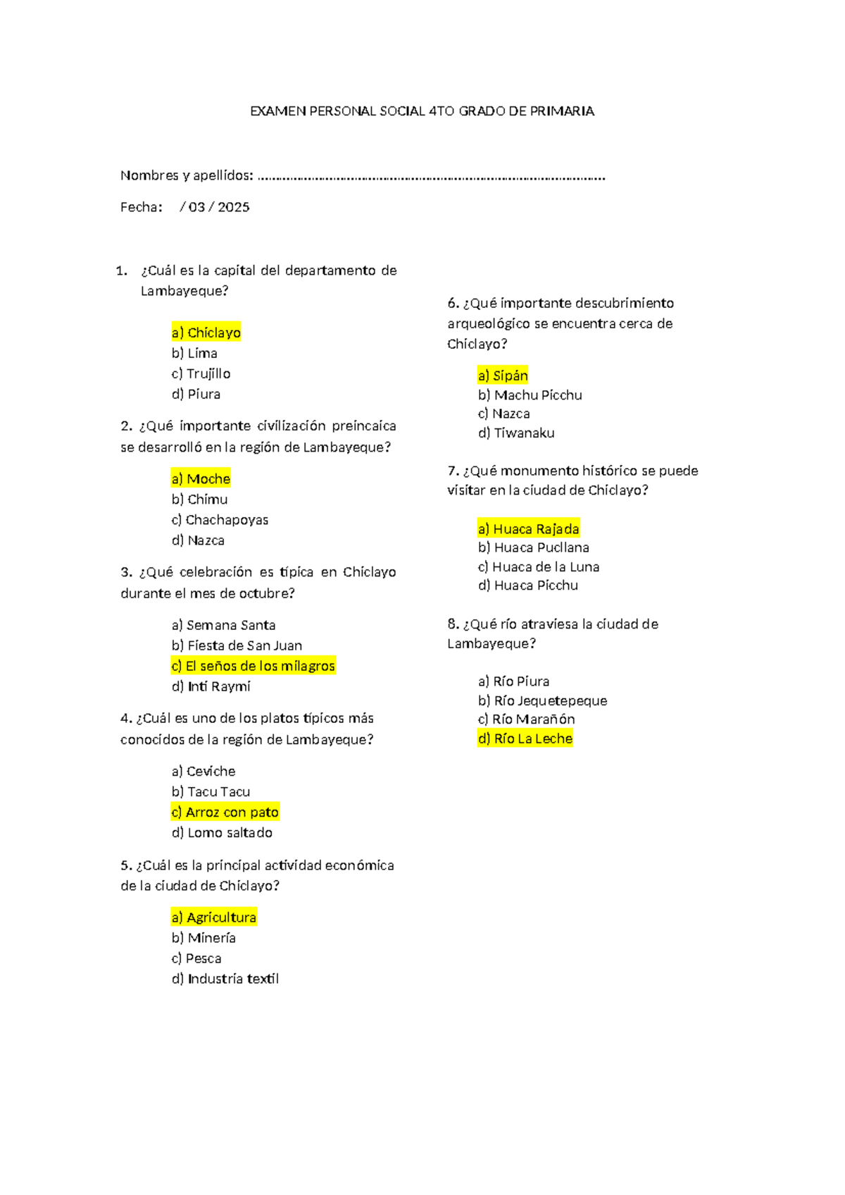 Examen de Personal Social - 4TO Grado de Primaria 2025 - Studocu