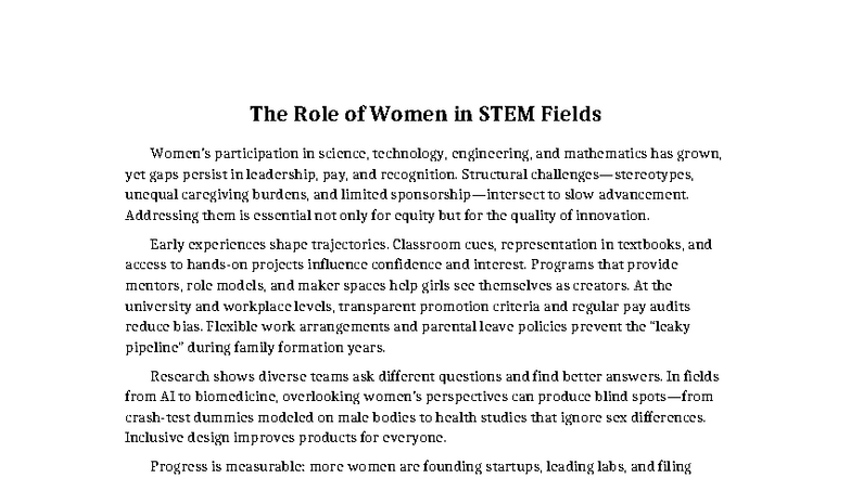 The Role of Women in STEM: Addressing Gaps and Driving Innovation - Studocu