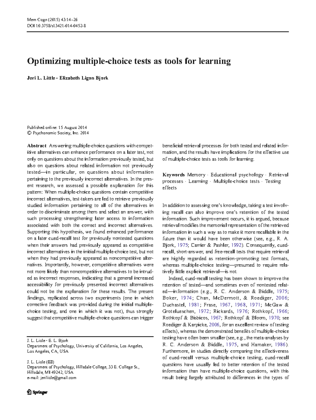 Optimizing MC Tests for Enhanced Learning Outcomes (Psych 2015) - Studocu