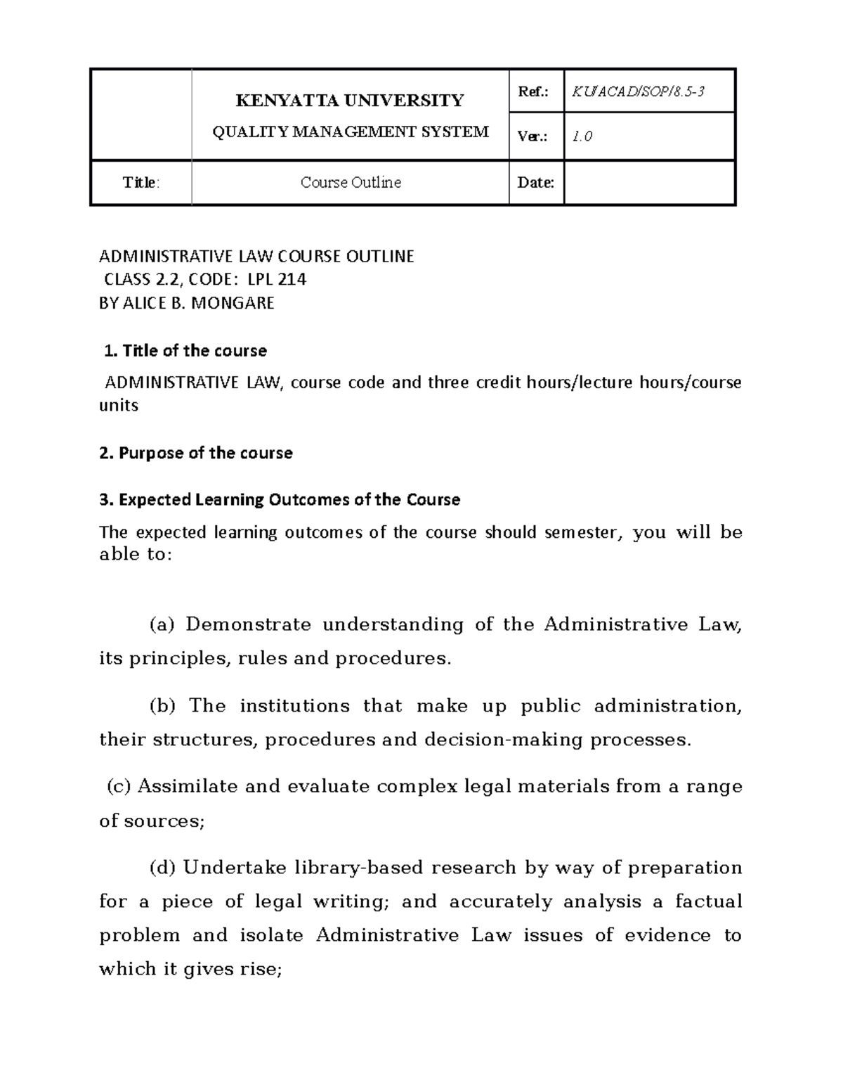 Administrative Law Course Outline - LPL 214 - Final Exam Version - Studocu