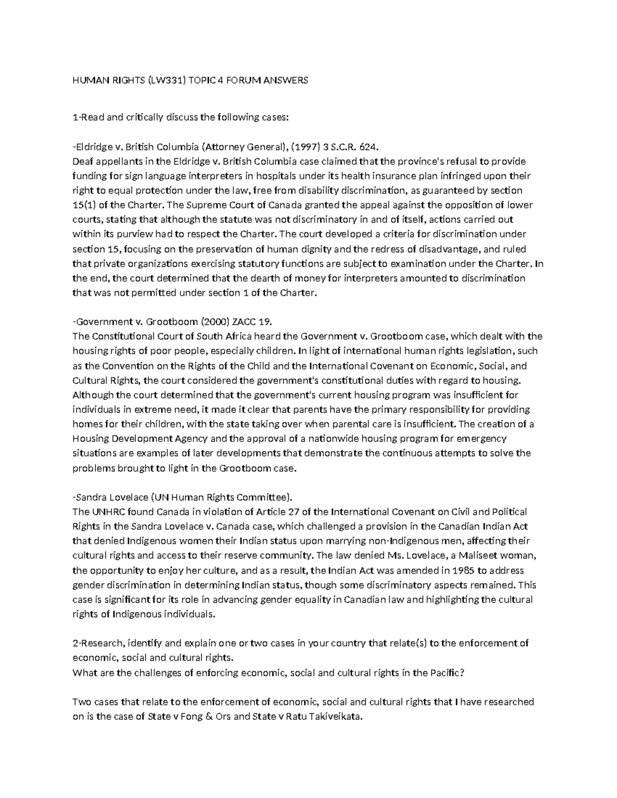 LW331 - Human Rights (T4) Case Analysis and Discussion - Studocu