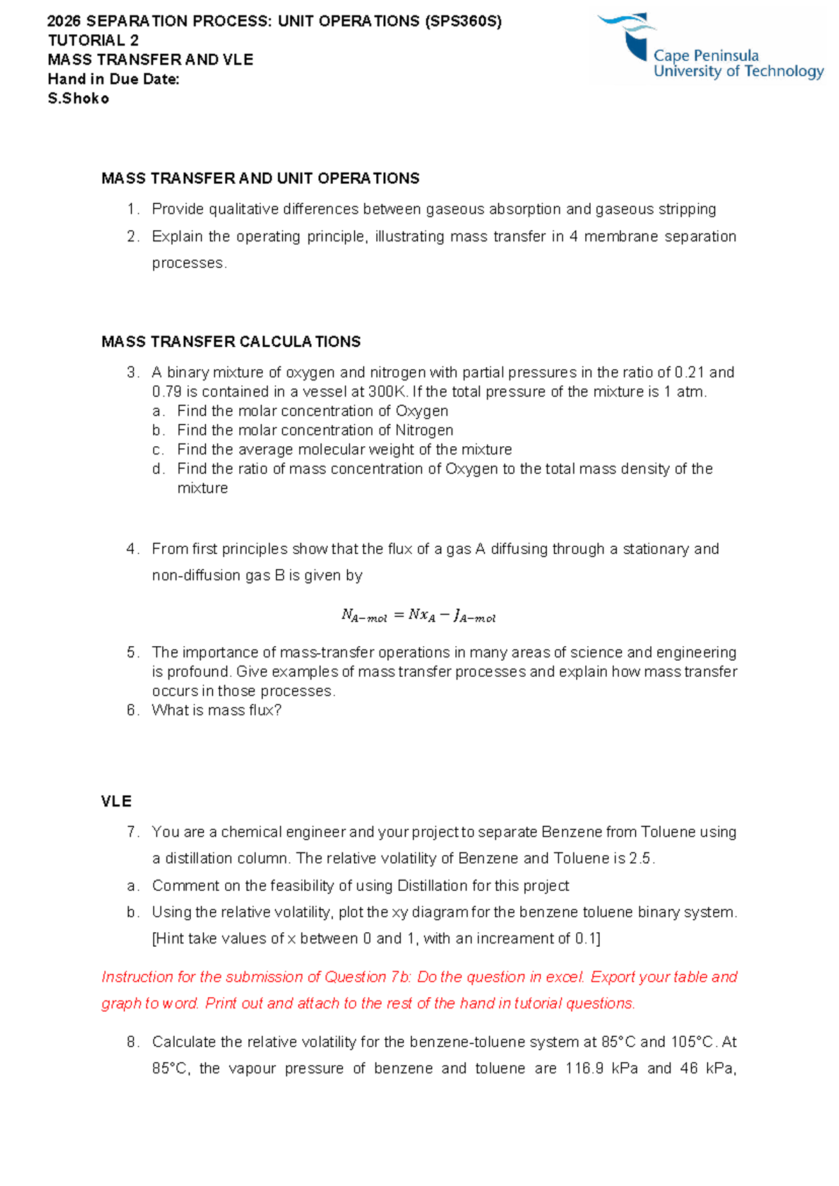 2026 SPS360S Tutorial 2: Mass Transfer & VLE Concepts - Studocu