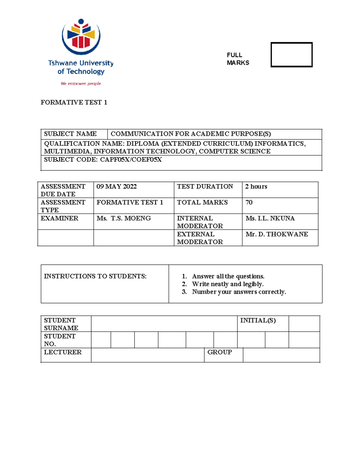 Formative Test 1: Communication for Academic Purposes (2022) - Studocu