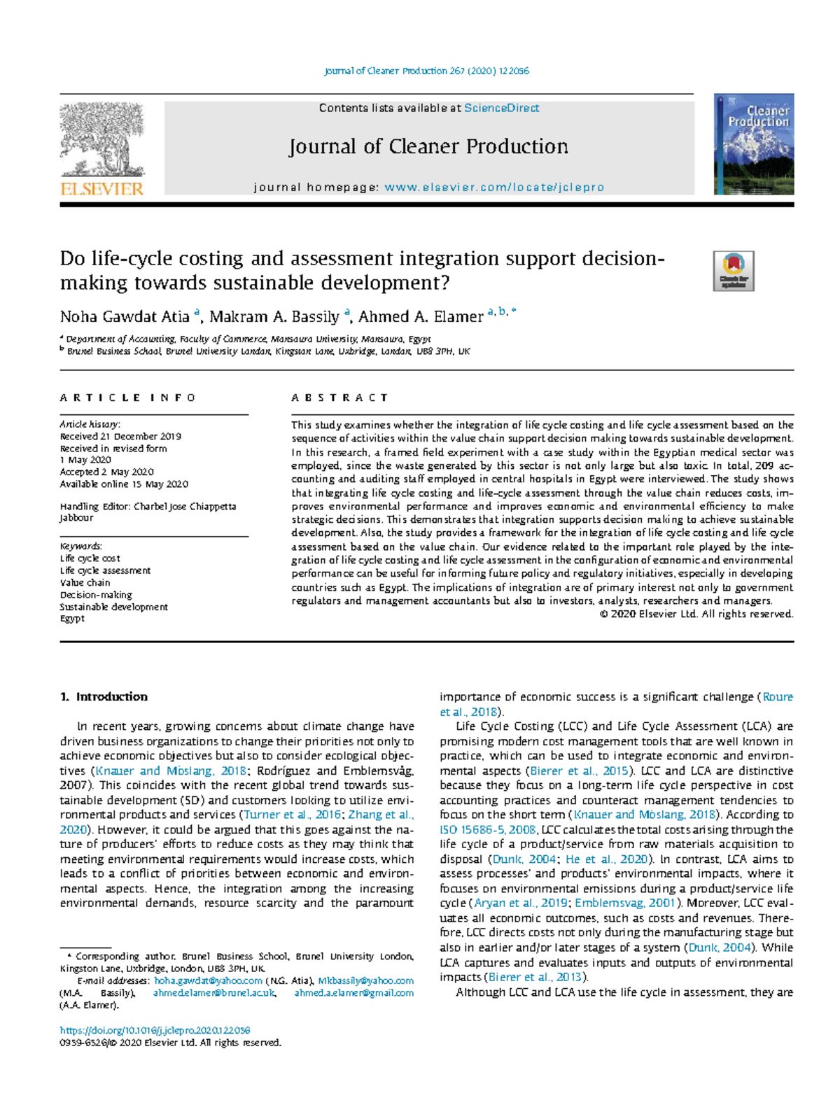 Integration of Life Cycle Costing and Assessment for Sustainable ...