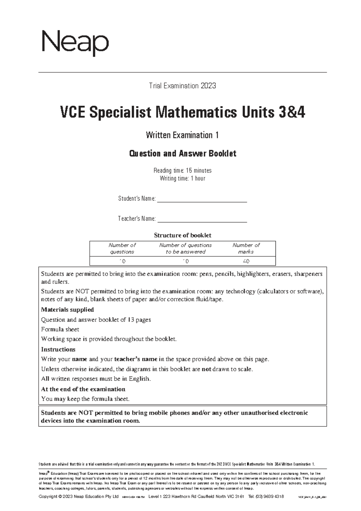 VCE_SM34_Trial_Exam_2023_Specialist_Maths_Units_1_QA_Booklet - Studocu