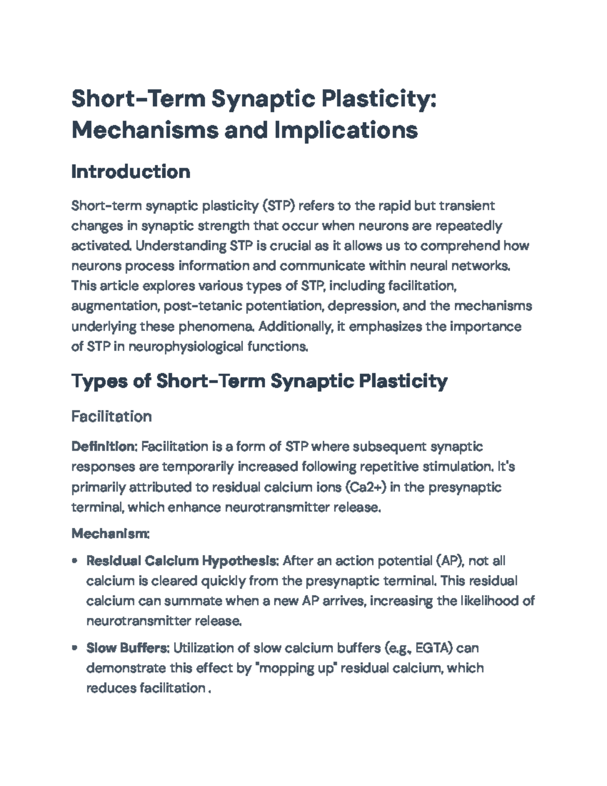 Short-Term Synaptic Plasticity (STP): Mechanisms & Implications - Studocu