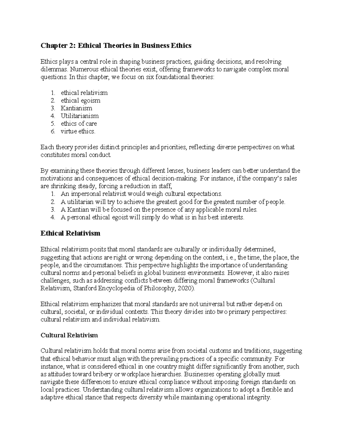 Chapter 2: Ethical Theories in Business Ethics (BUS 101) - Studocu