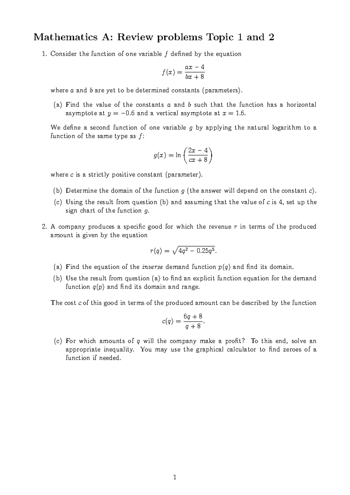 Mathematics A: Review Exercises for Topics 1 & 2 - Studocu