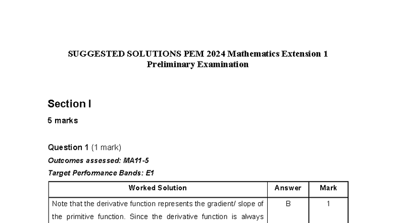 PEM 2024 Mathematics Extension 1 Year 11 Exam Solutions - Studocu
