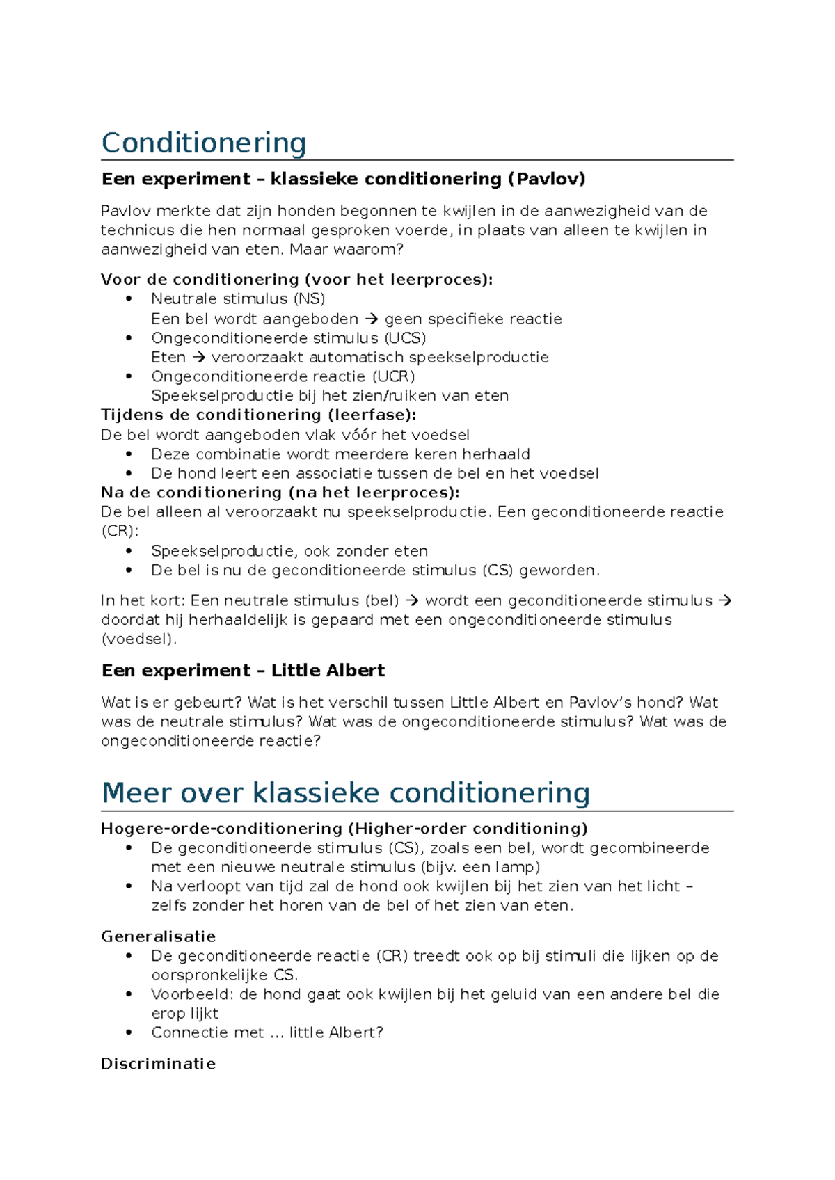 Klassieke Conditionering en Behaviorisme - College Week 3 - Studeersnel