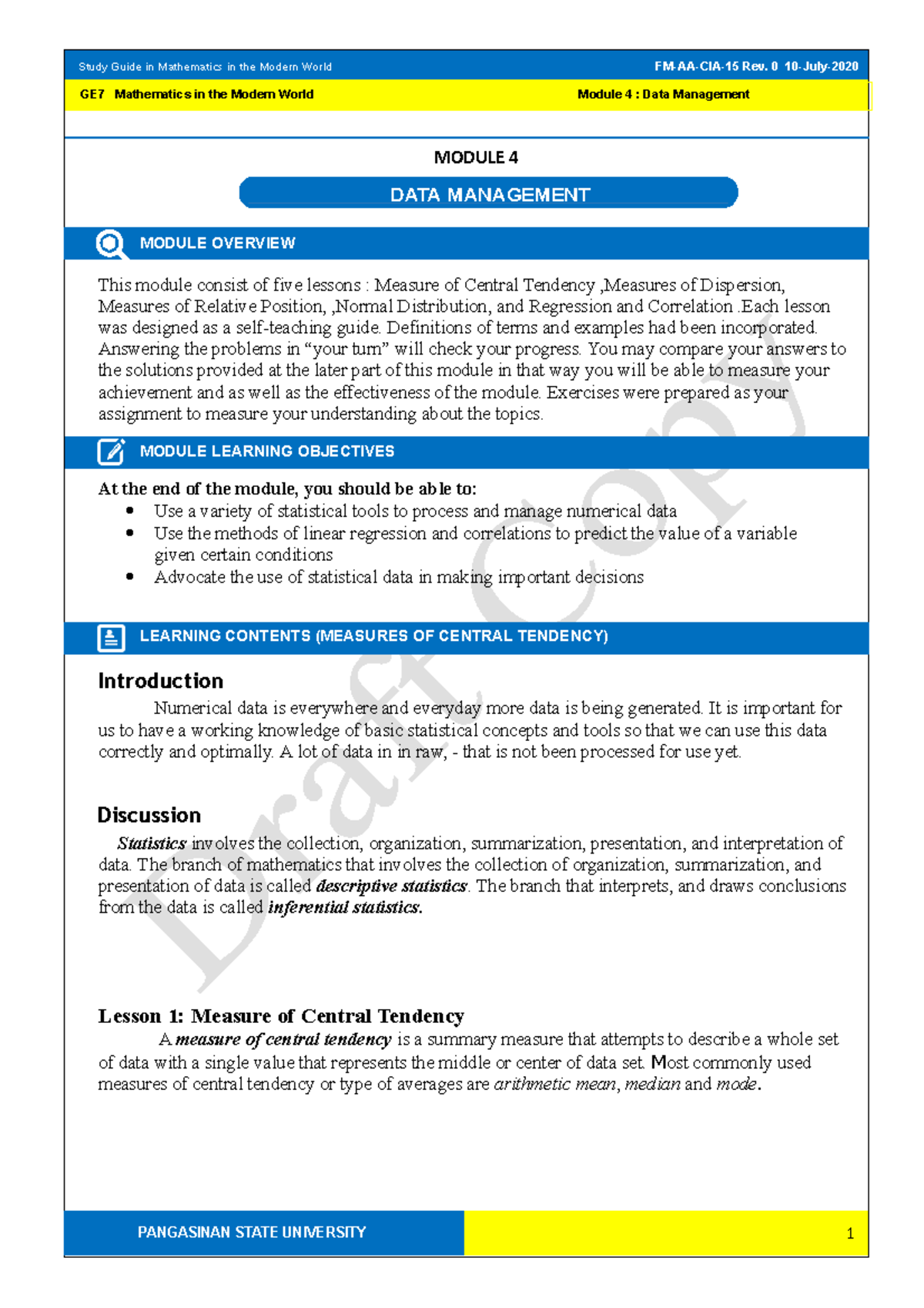 GE7 Mathematics in the Modern World: Study Guide Module 4 - Data ...