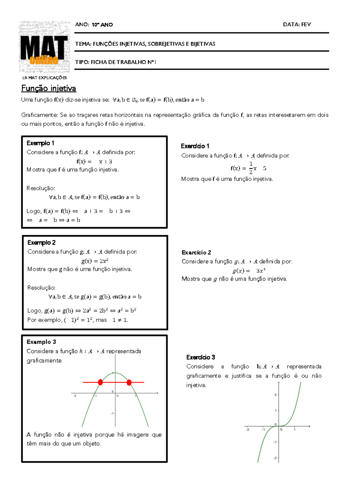 Funções Injetivas, Sobrejetivas e Bijetivas - Ficha de Trabalho Nº 10º ...