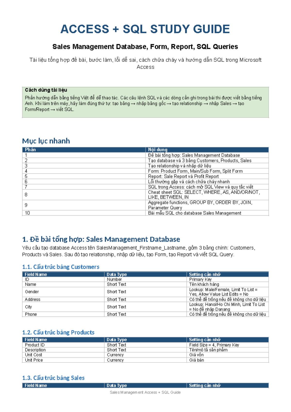 ACCESS + SQL Study Guide: Sales Management Database Overview - Studocu