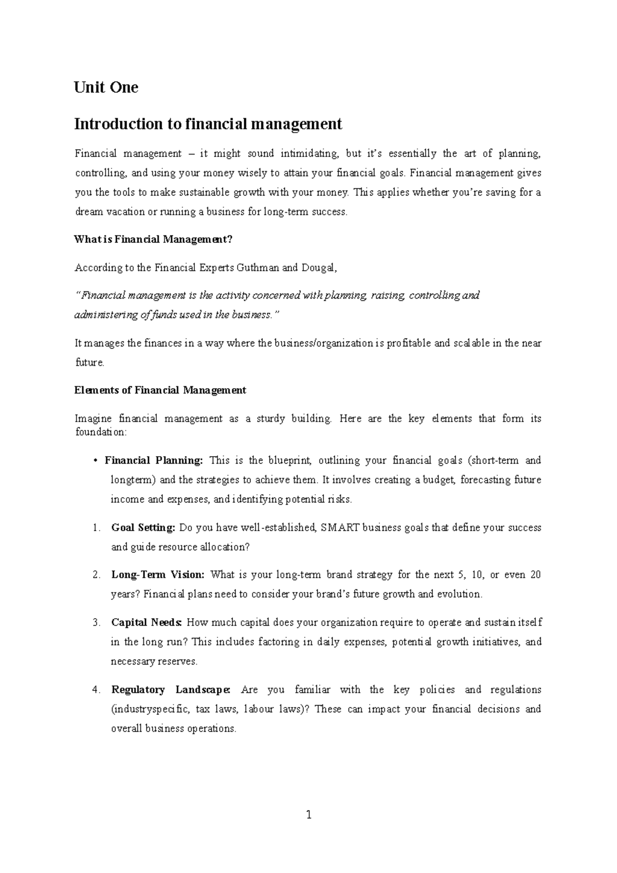 Business Studies: Unit 1 - Introduction to Financial Management - Studocu