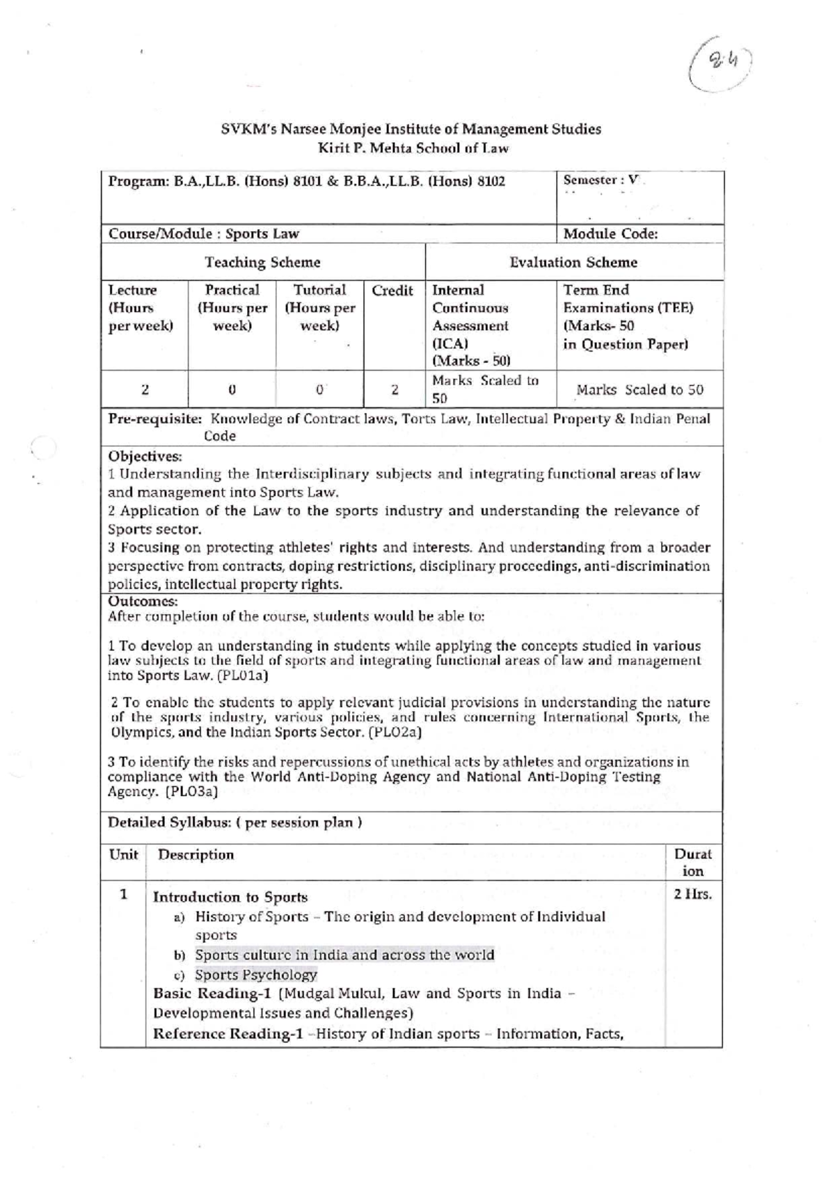 8.4 Sem V Sports Law - Course Outline and Evaluation Details - Studocu