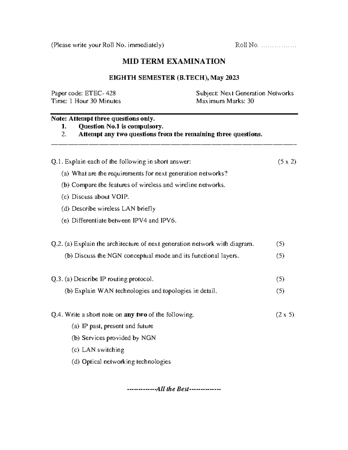 NGN Midterm Exam Notes - B.TECH 8th Sem, May 2023 (Paper 428) - Studocu