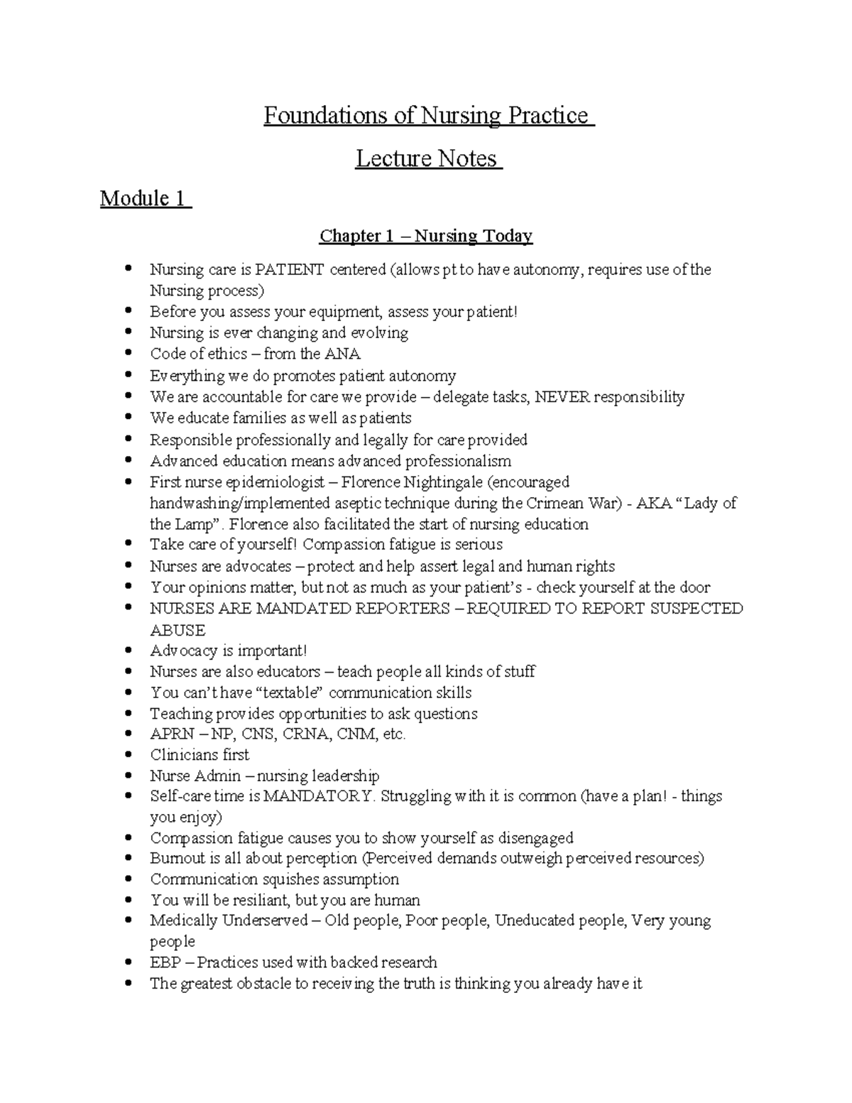 Lecture Notes - Foundations of Nursing Practice Lecture Notes Module 1 ...