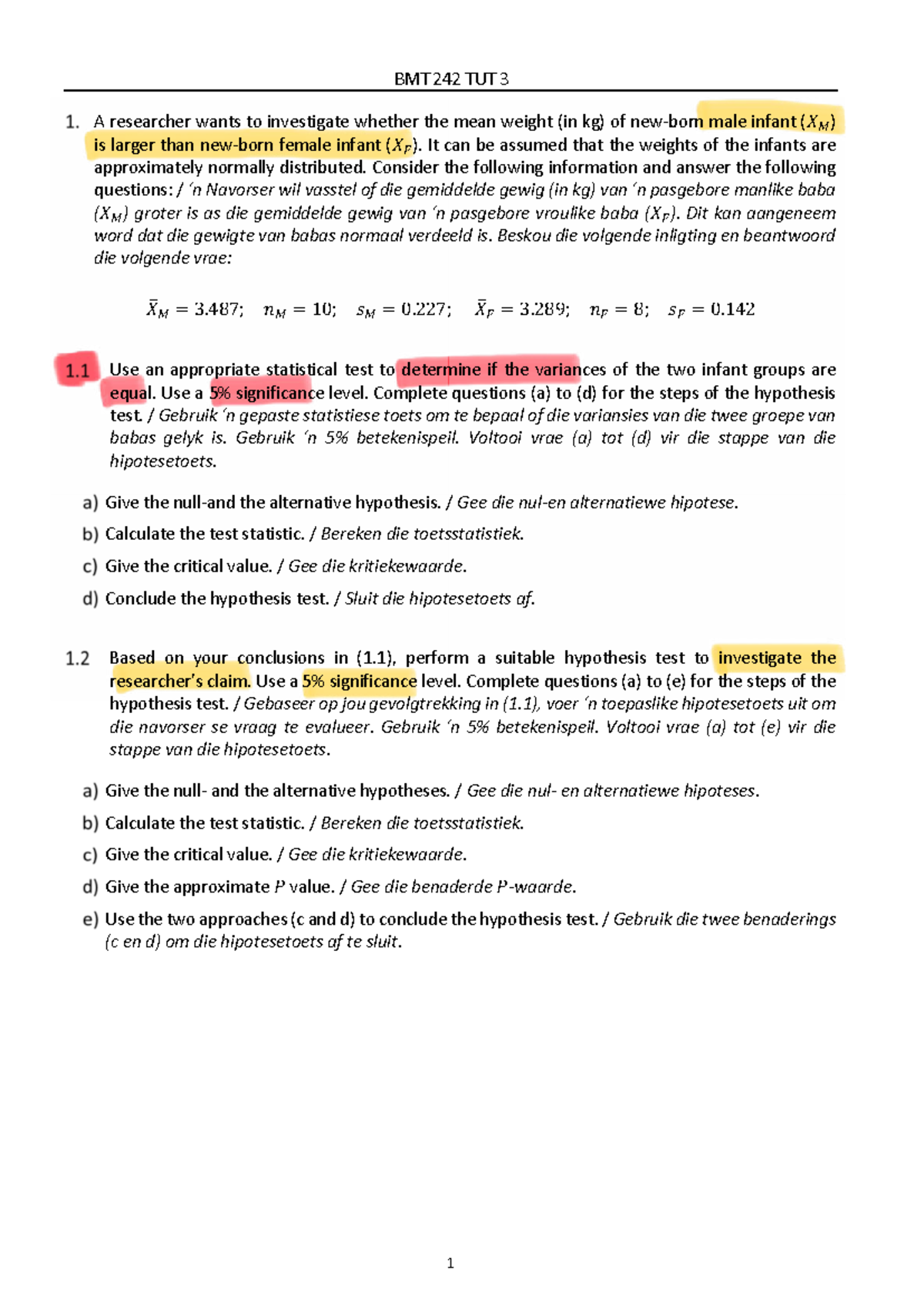 BMT 242 TUT 3: Hypothesis Testing for Variances and Means - Studocu