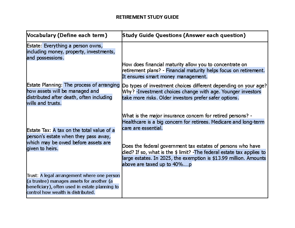 Retirement Study Guide (FIN 301): Key Terms & Concepts Explained - Studocu