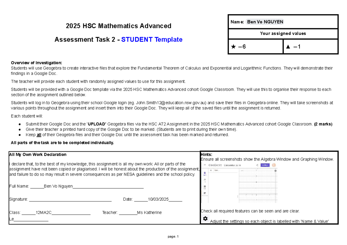 2025 HSC Mathematics Advanced AT2: Exploring Calculus with Geogebra ...