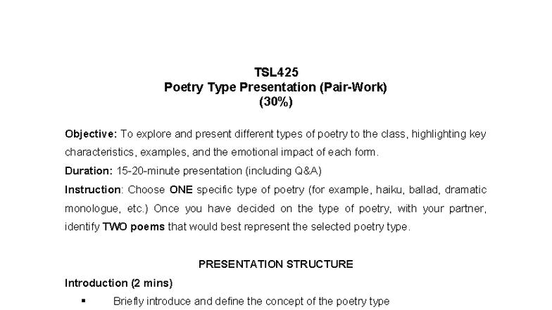 TSL425 Poetry Type Presentation Guidelines and Structure - Studocu
