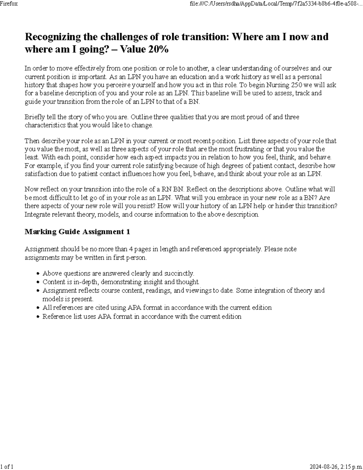 NURS 250 Assignment 1: Role Transition from LPN to RN BN Reflection ...