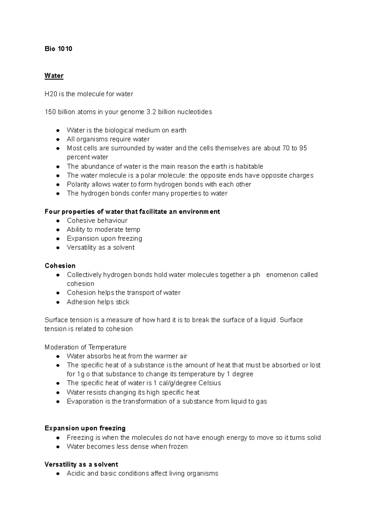 Bio 1010 Lecture Notes: Water, Carbon, and Biological Molecules - Studocu