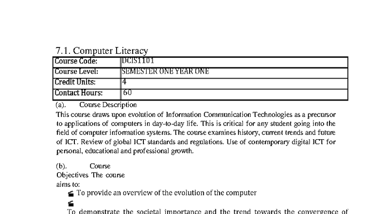 DCIS Course Outline: Computer Literacy & Systems Maintenance (DCEN1104 ...
