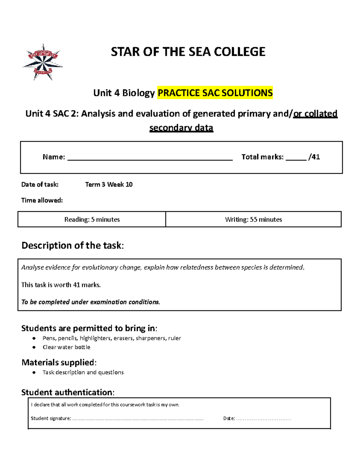 2025 Unit 4 Biology Practice SAC 2 Solutions: Evolutionary Analysis ...