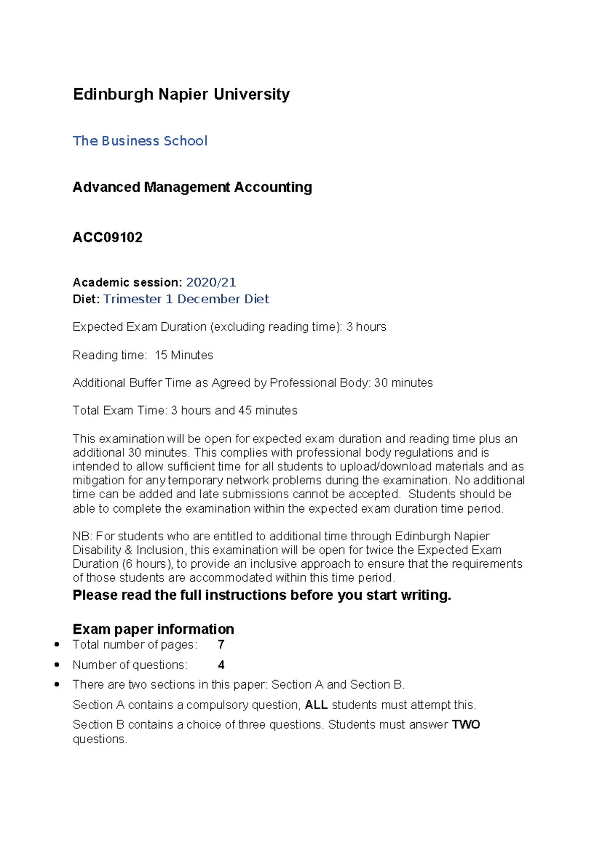 ACC Advanced Management Accounting December 2020 Exam - Past Paper ...