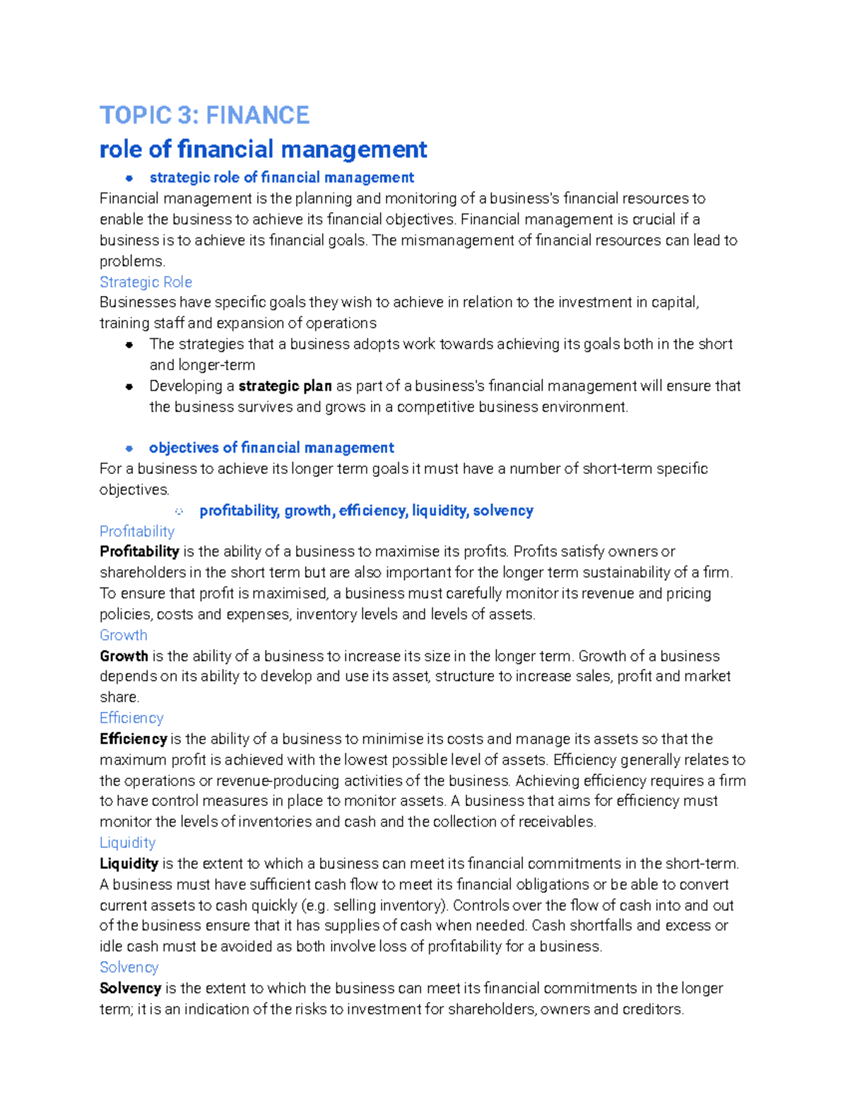 Finance Notes for Topic 3 - Strategic & Operational Insights - Studocu