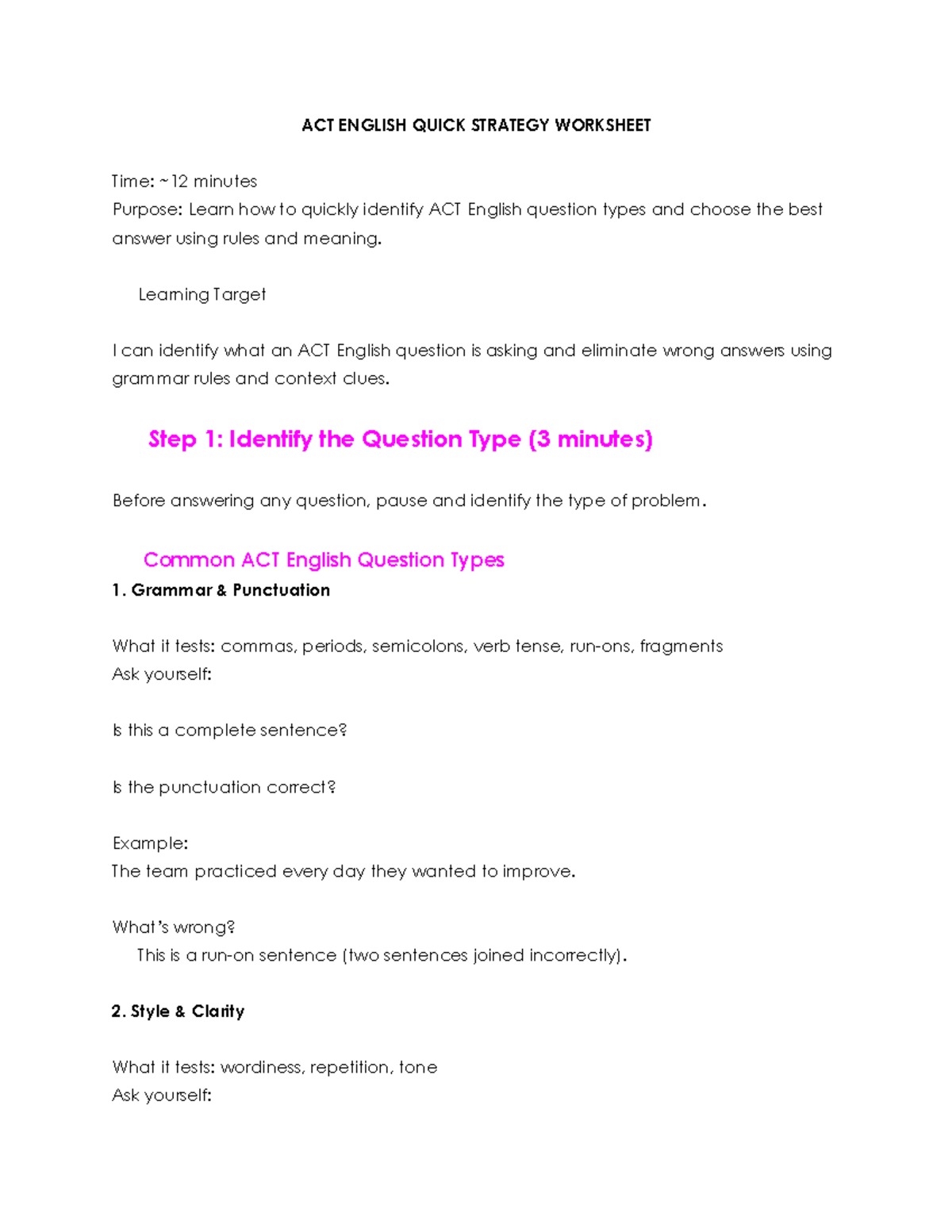 ACT English Quick Strategy Worksheet for Prep Drill - Studocu
