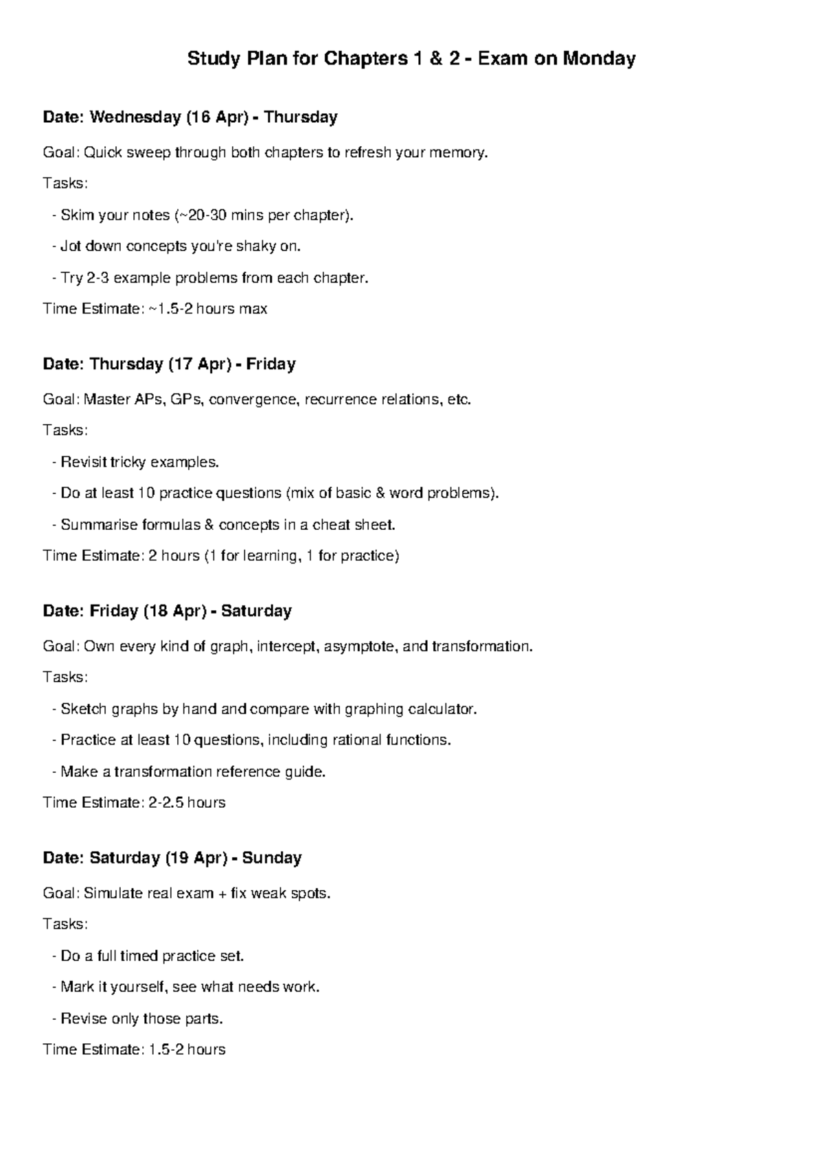 Study Plan for Chapters 1 & 2 Exam (Mon) - Quick Review & Practice ...