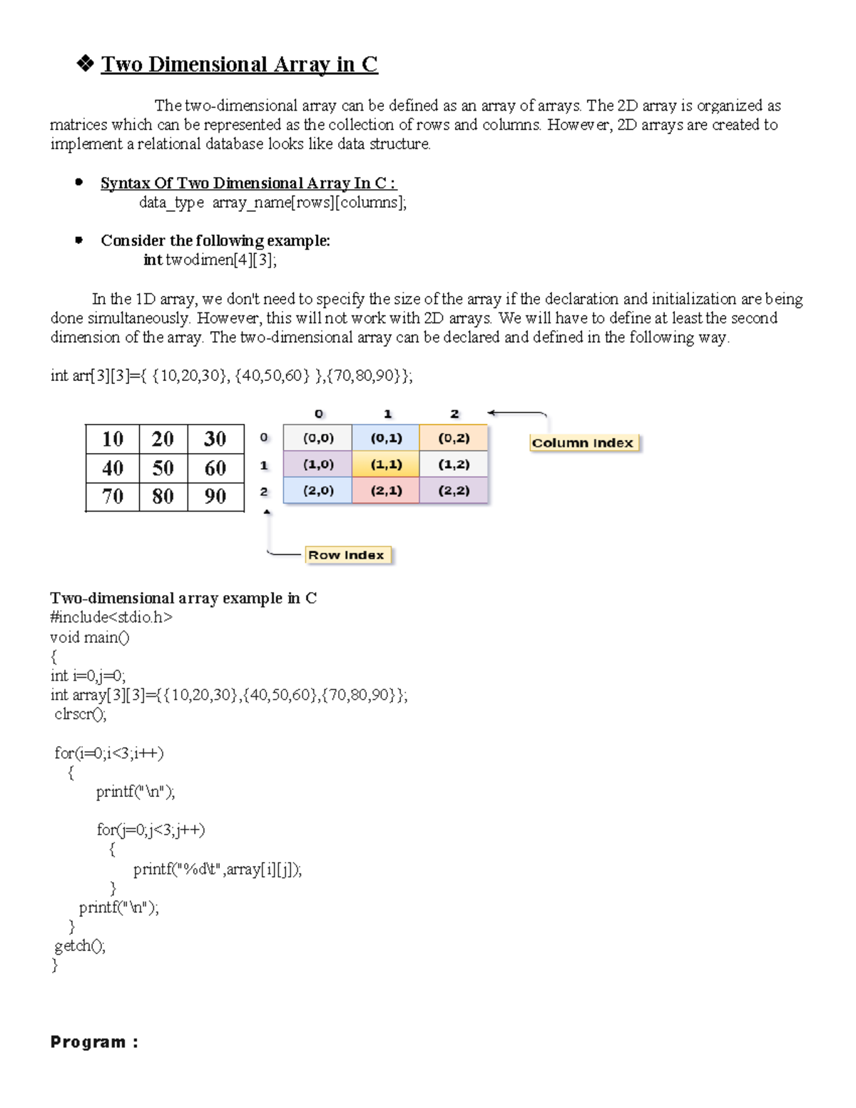 Two Dimensional Array in C - The 2D array is organized as matrices ...
