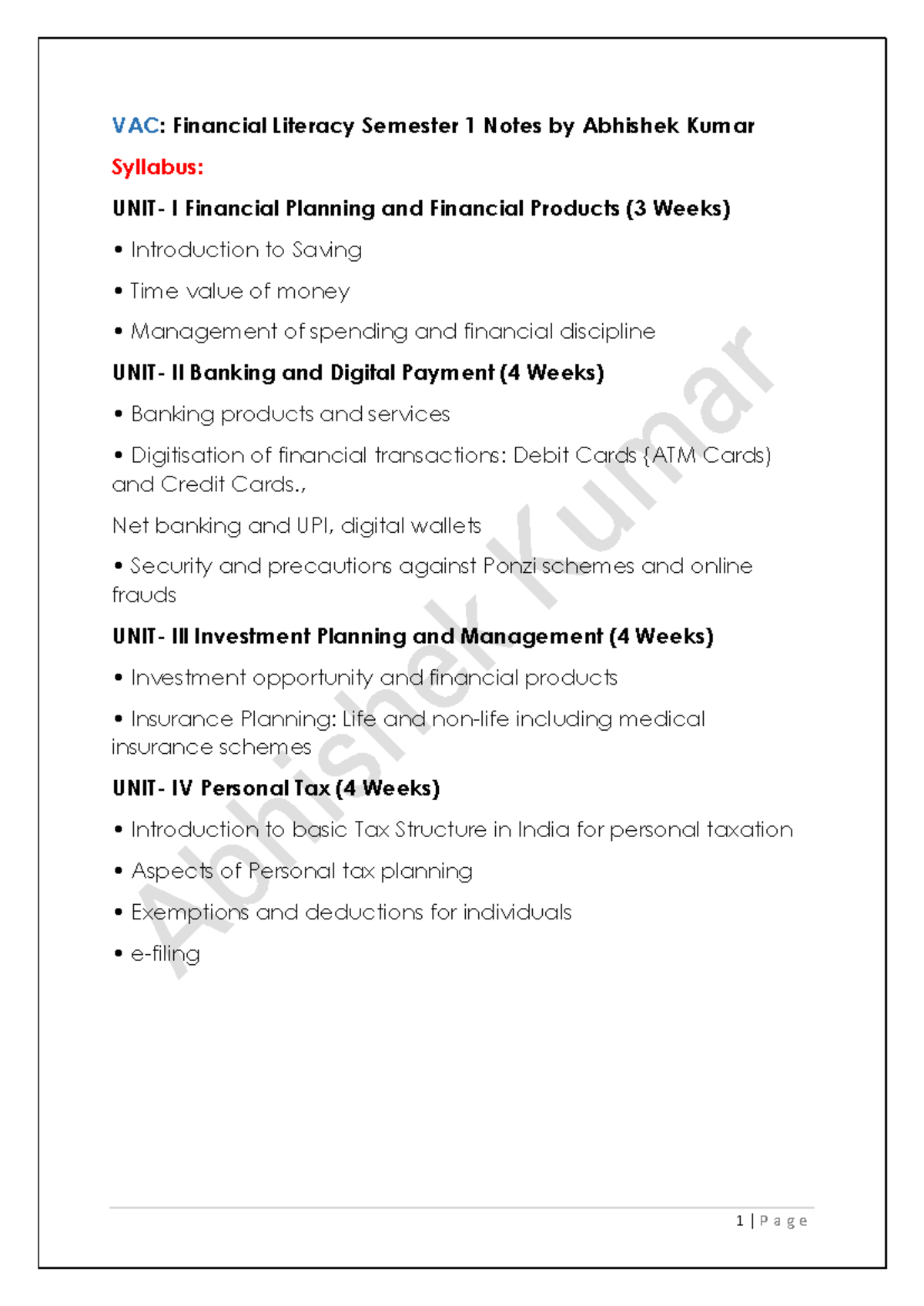VAC: Financial Literacy Semester 1 Study Notes by Abhishek Kumar - Studocu