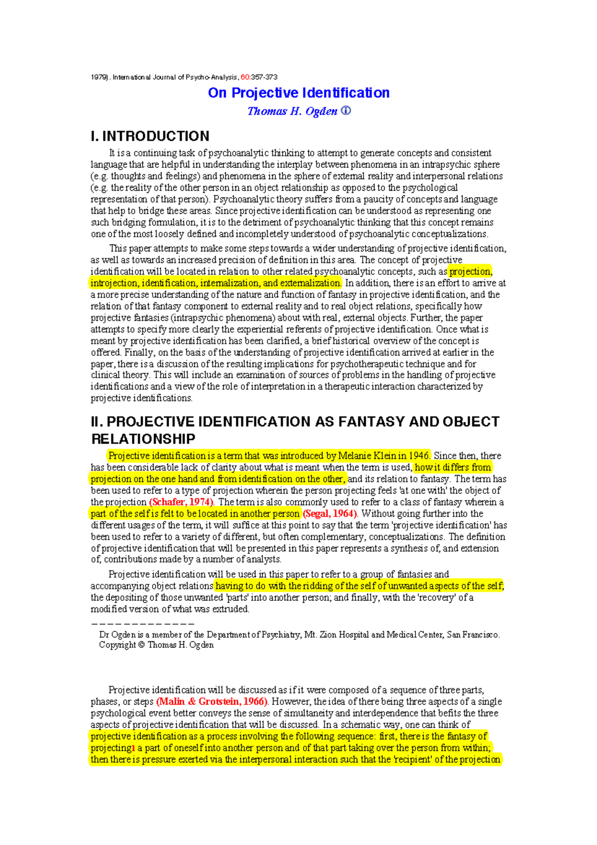 Understanding Projective Identification: Insights from Ogden (1979 ...
