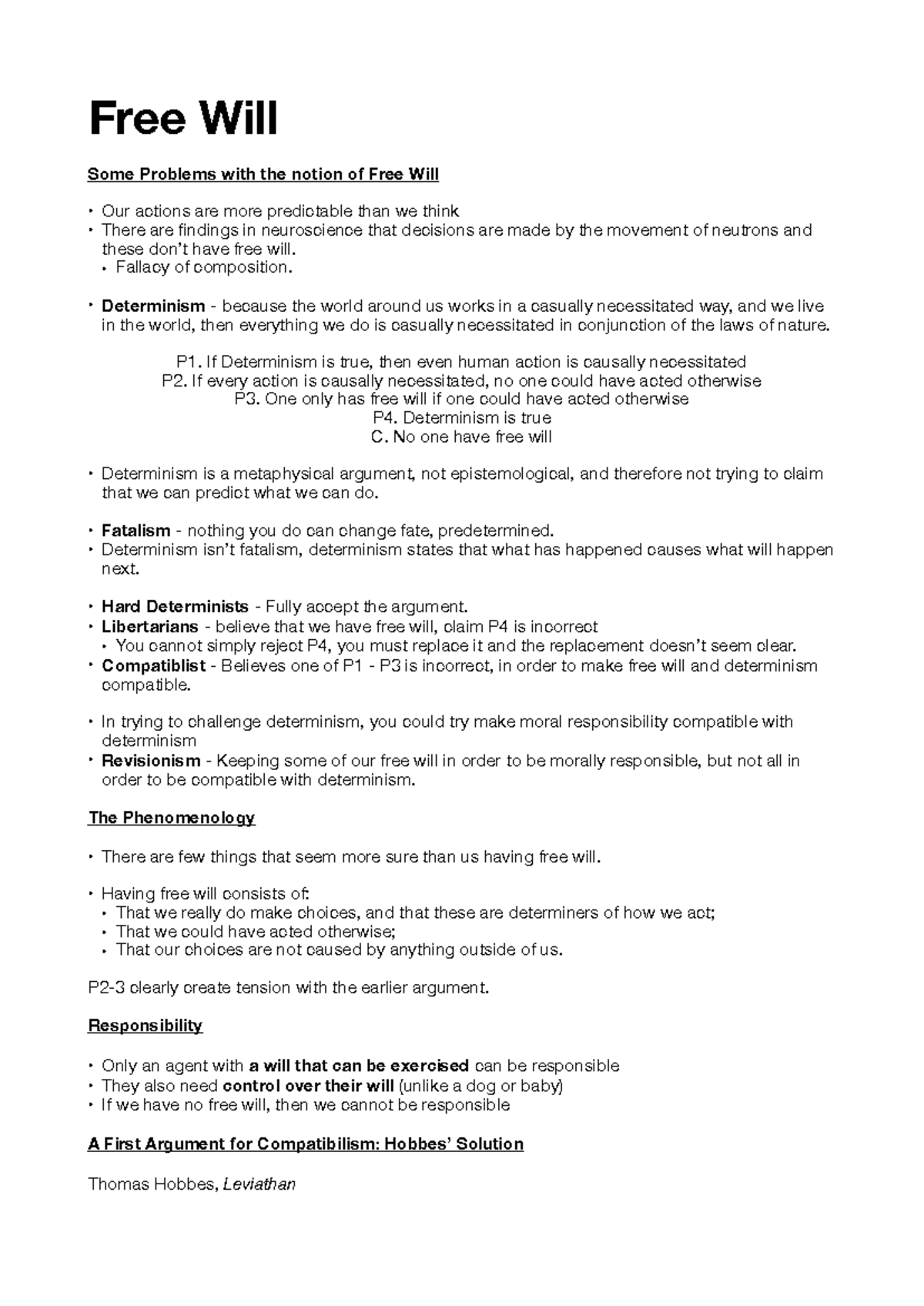 Free Will - Lecture notes on: the metaphysical issue of free will and ...