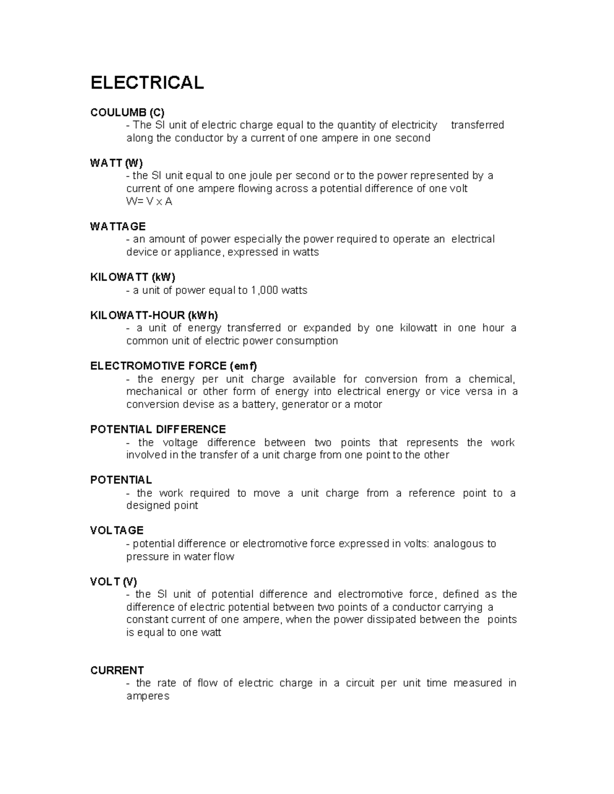 ELECTRICAL NOTES REVIEWER (C) - Key Concepts and Definitions - Studocu