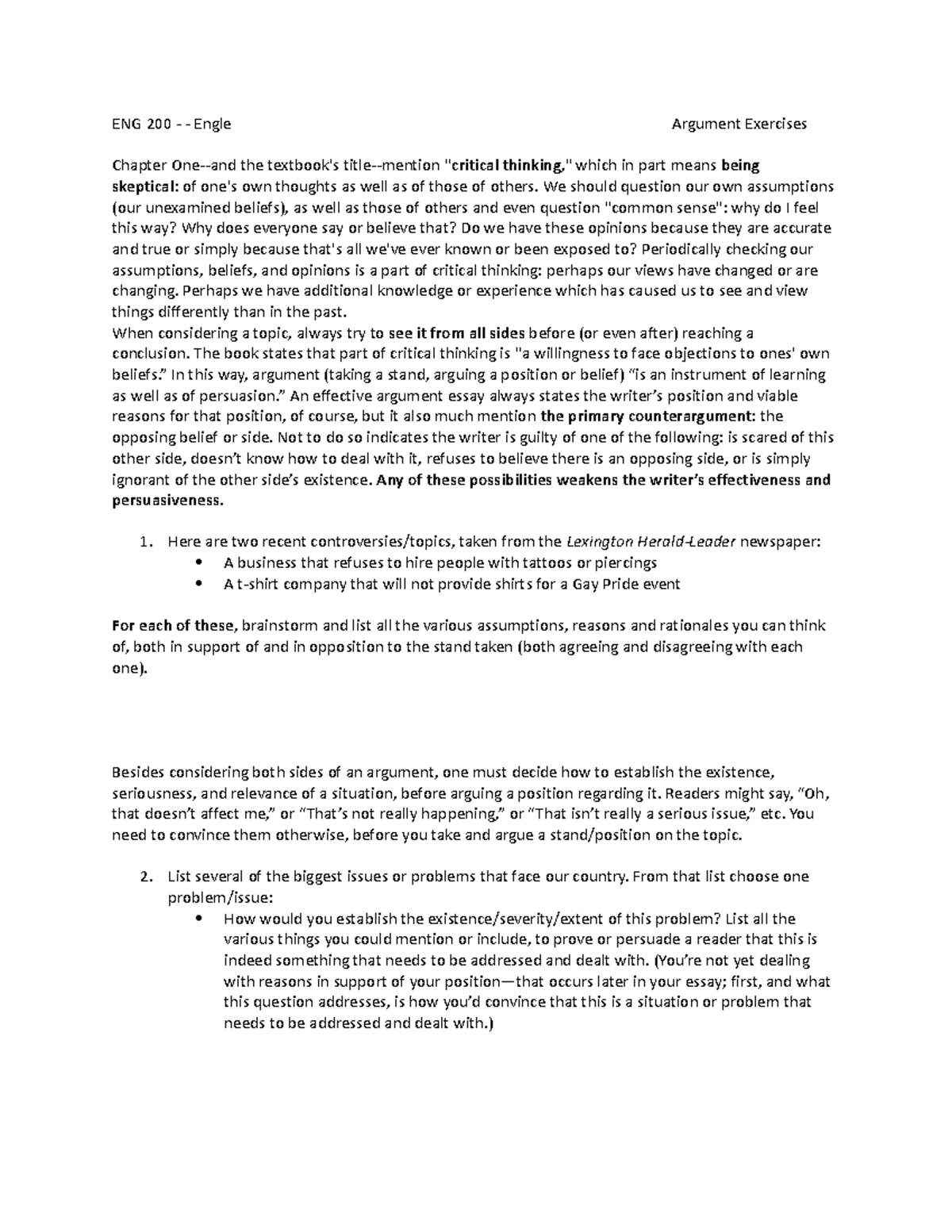 ENG 200 Chapter 1 Critical Thinking and Argument Activities - Studocu